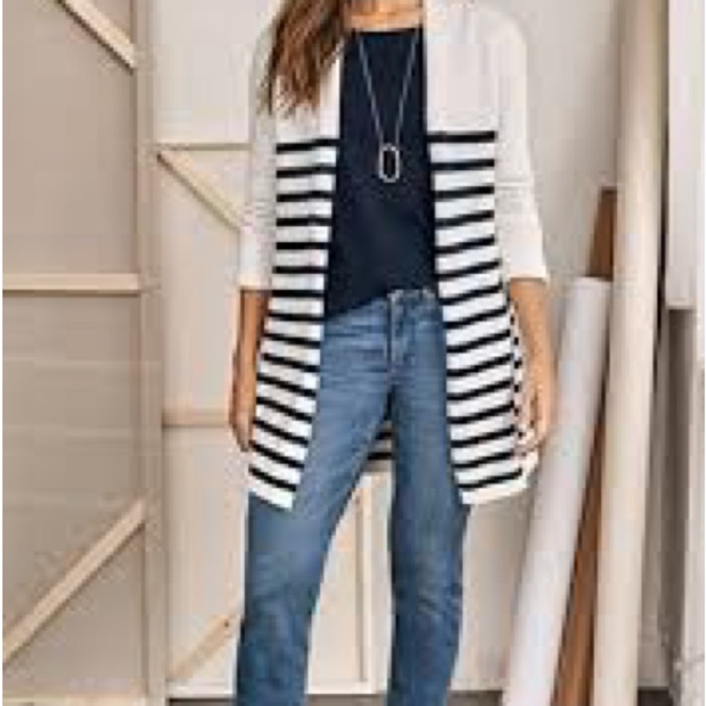 J. Jill White and Navy Striped Open-Front Cardigan